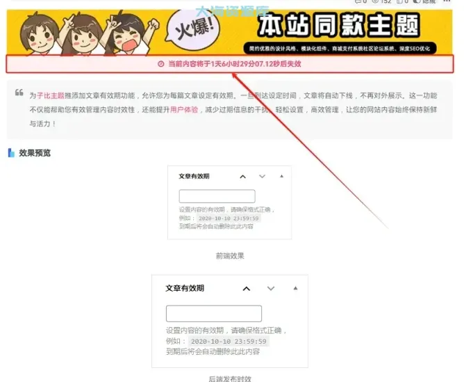 子比主题美化 为文章设置有效期功能-到期自动下线-大海资源库