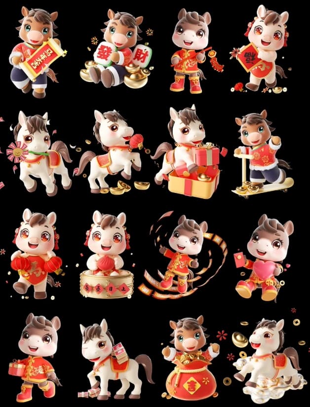 图片[1]-C4D卡通小马新年马年春节吉祥物IP模型PNG设计素材4套「源文件OC渲染工程」-大海资源库